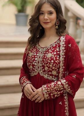 Maroon zari & sequins embroidered georgette kurta & dupatta set 4