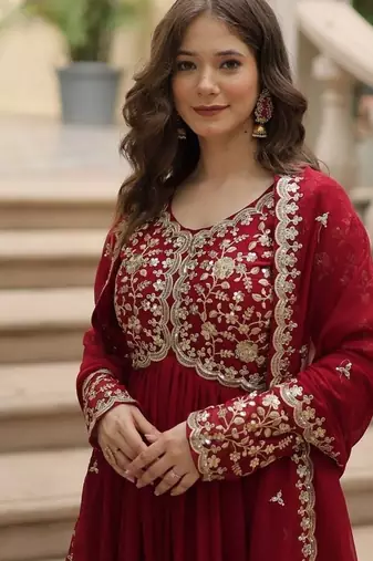 Maroon zari & sequins embroidered georgette kurta & dupatta set