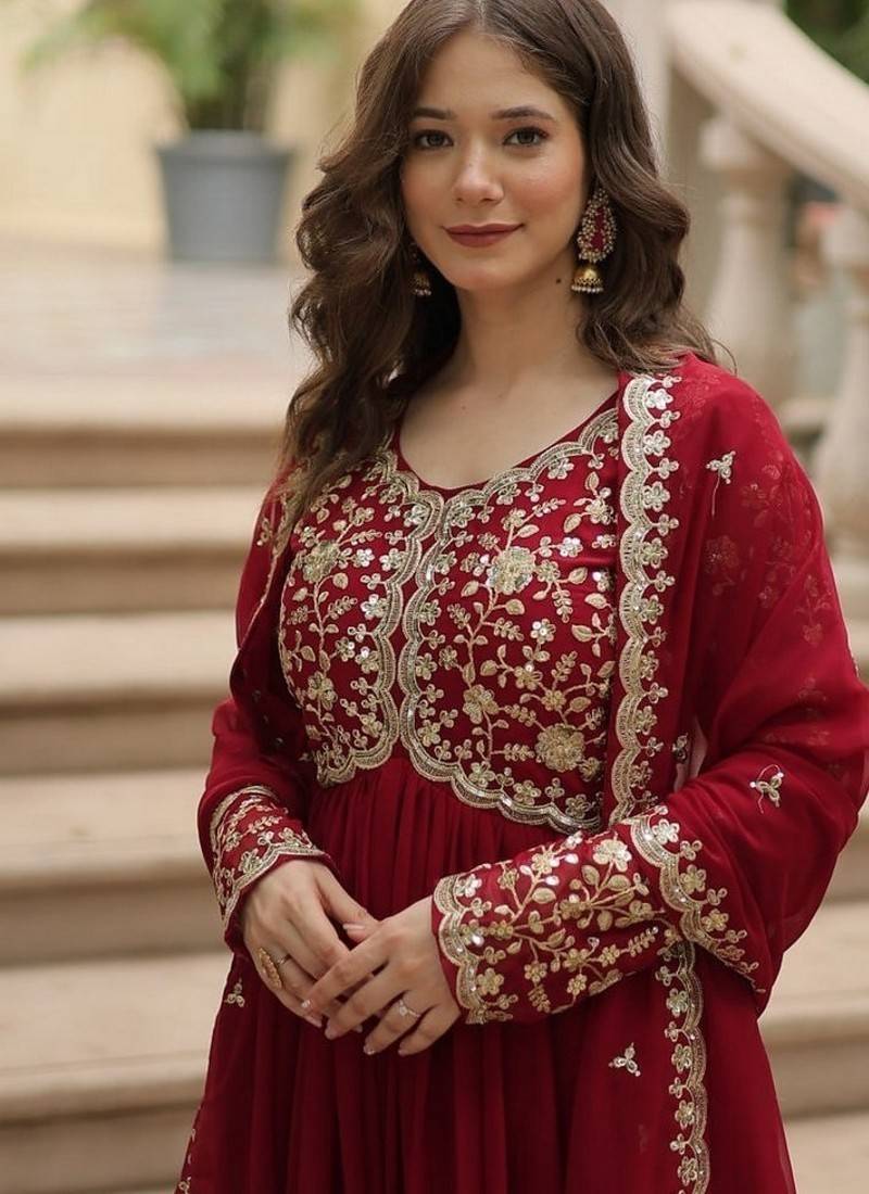 Maroon zari & sequins embroidered work georgette stitched kurta & dupatta set