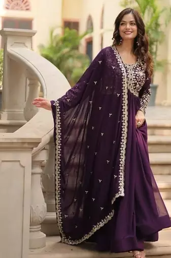 Purple zari & sequins embroidered georgette kurta & dupatta set