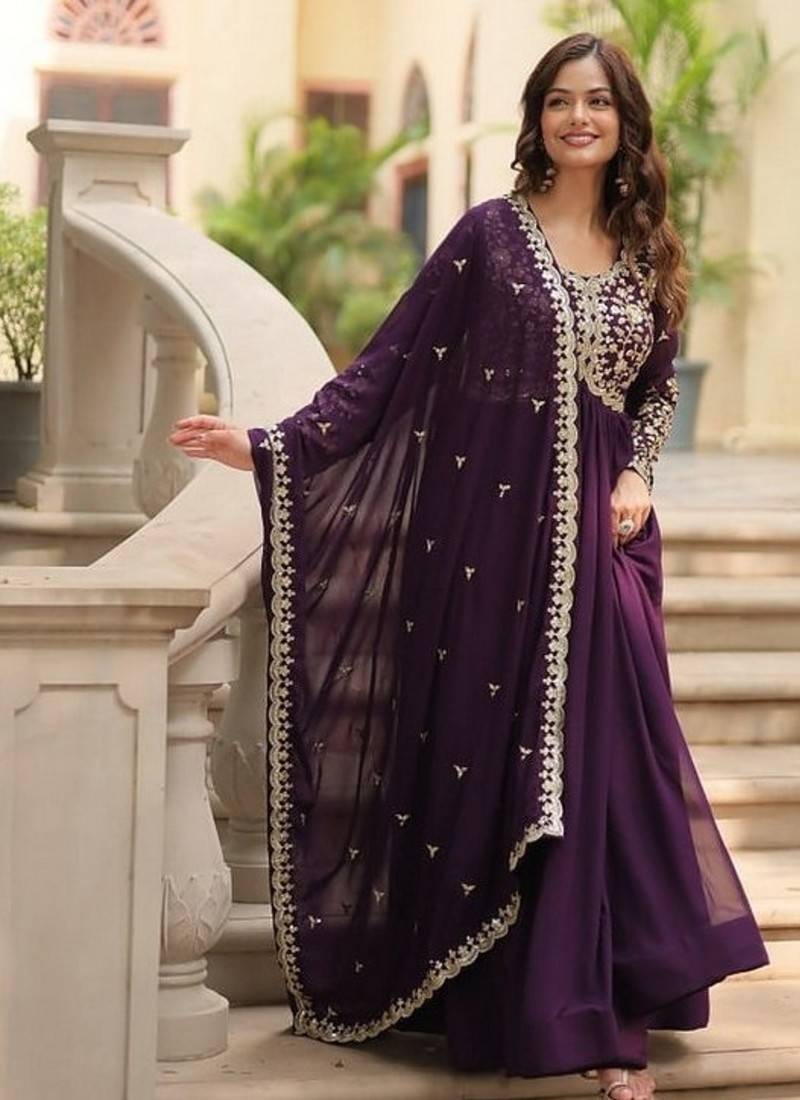Purple zari & sequins embroidered work georgette stitched kurta & dupatta set