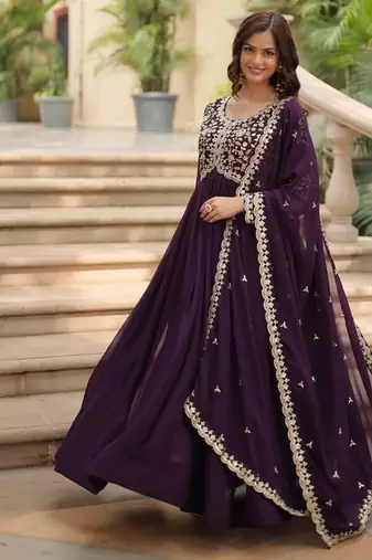Purple zari & sequins embroidered georgette kurta & dupatta set
