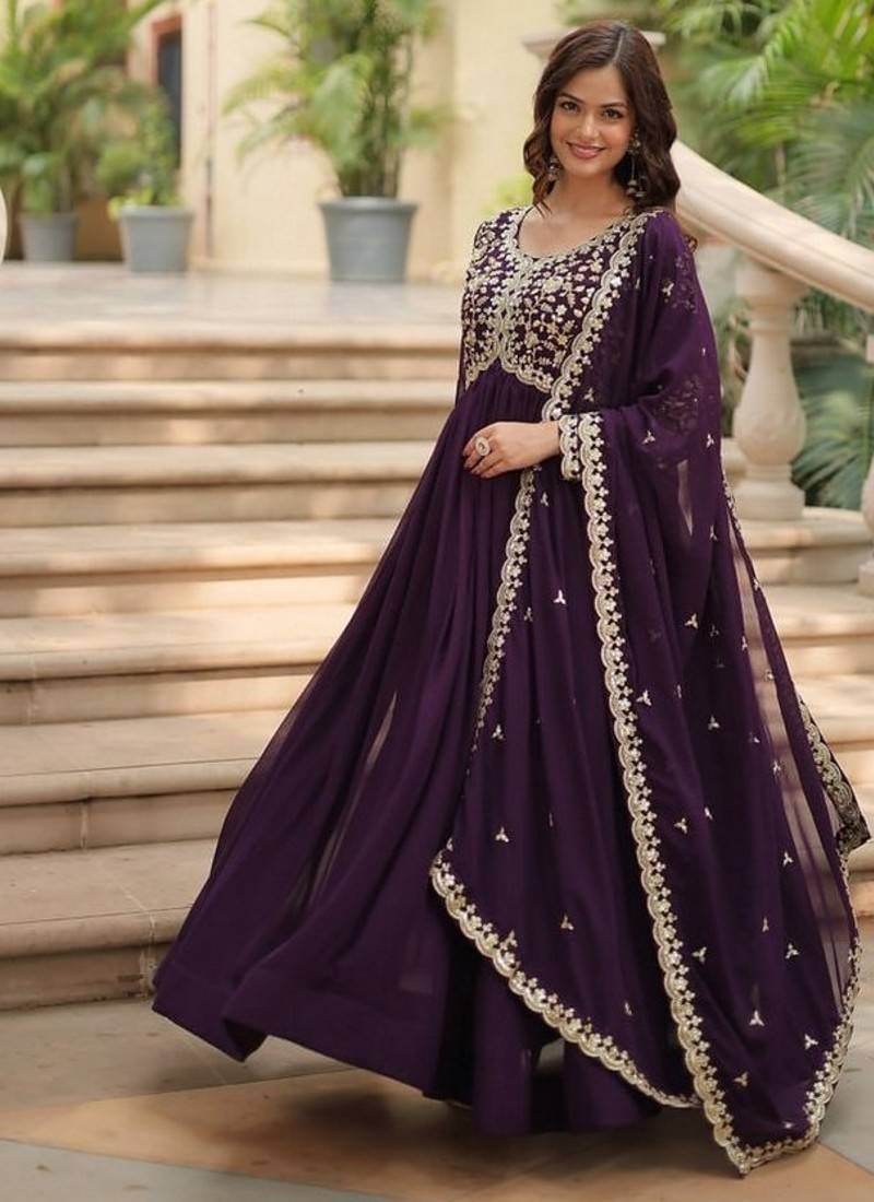 Purple zari & sequins embroidered work georgette stitched kurta & dupatta set