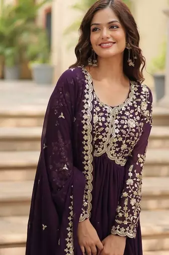 Purple zari & sequins embroidered georgette kurta & dupatta set