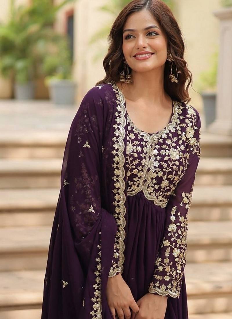 Purple zari & sequins embroidered work georgette stitched kurta & dupatta set