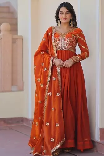 Orange zari & sequins embroidered work fendy stitched kurta & dupatta set