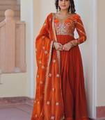 Orange zari & sequins embroidered work fendy stitched kurta & dupatta set