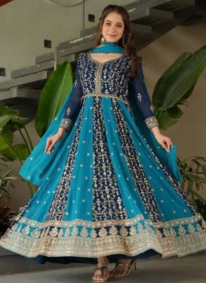 Teal zari & sequins embroidered georgette kurta & dupatta set 1