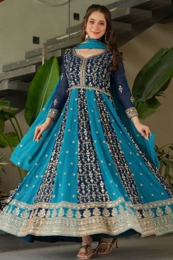 Teal zari & sequins embroidered work georgette stitched kurta & dupatta set