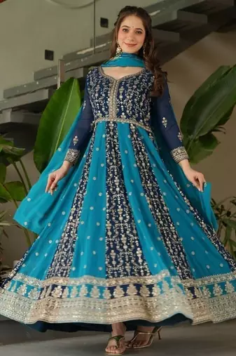 Teal zari & sequins embroidered work georgette stitched kurta & dupatta set