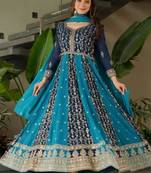 Teal zari & sequins embroidered work georgette stitched kurta & dupatta set