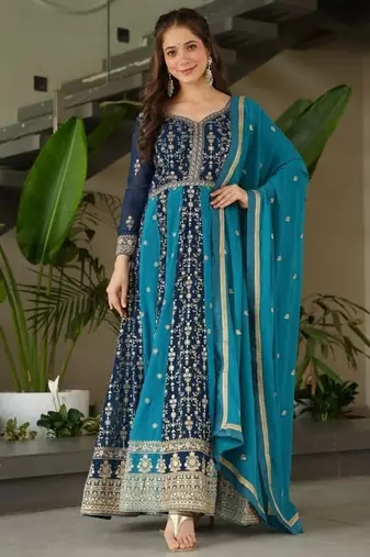 Teal zari & sequins embroidered georgette kurta & dupatta set