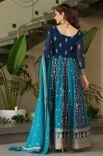 Teal zari & sequins embroidered georgette kurta & dupatta set