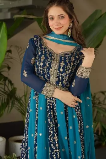 Teal zari & sequins embroidered georgette kurta & dupatta set