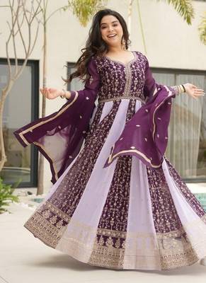 Purple zari & sequins embroidered georgette kurta & dupatta set 1