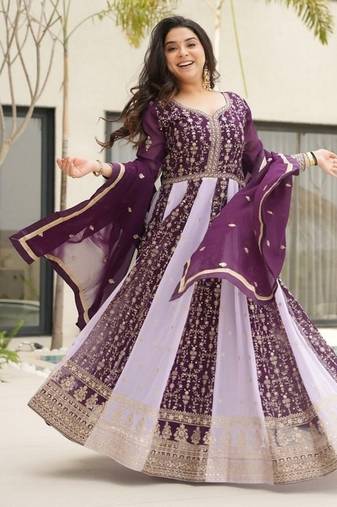 Purple zari & sequins embroidered work georgette stitched kurta & dupatta set