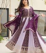 Purple zari & sequins embroidered work georgette stitched kurta & dupatta set