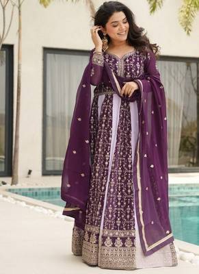 Purple zari & sequins embroidered georgette kurta & dupatta set 2