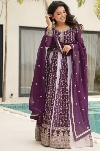 Purple zari & sequins embroidered georgette kurta & dupatta set