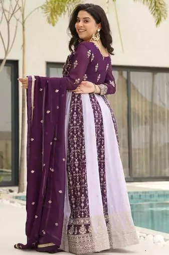 Purple zari & sequins embroidered georgette kurta & dupatta set