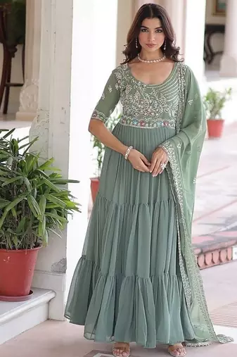 Light green zari & sequins embroidered work georgette stitched kurta & dupatta set