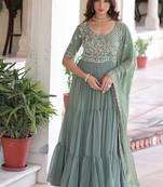 Light green zari & sequins embroidered work georgette stitched kurta & dupatta set