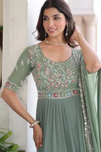 Light green zari & sequins embroidered georgette kurta & dupatta set