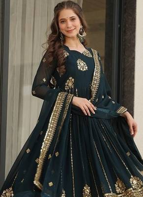 Teal zari & sequins embroidered georgette kurta & dupatta set 2