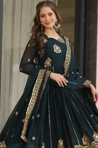 Teal zari & sequins embroidered georgette kurta & dupatta set