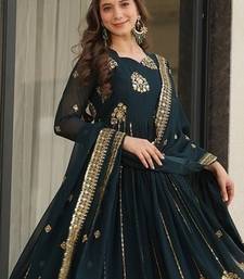 Teal zari & sequins embroidered work georgette stitched kurta & dupatta set