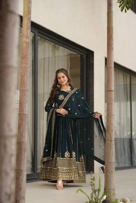 Teal zari & sequins embroidered georgette kurta & dupatta set 1