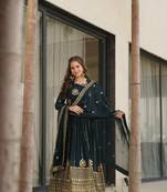 Teal zari & sequins embroidered work georgette stitched kurta & dupatta set