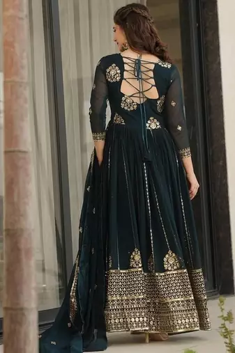 Teal zari & sequins embroidered georgette kurta & dupatta set