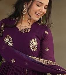 Purple zari & sequins embroidered work georgette stitched kurta & dupatta set