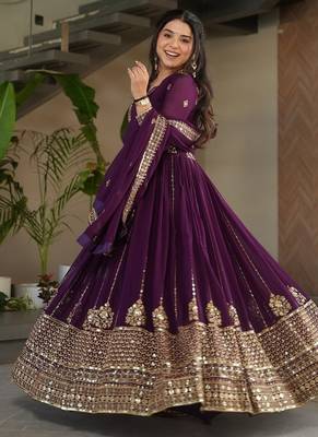 Purple zari & sequins embroidered georgette kurta & dupatta set 1