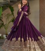 Purple zari & sequins embroidered work georgette stitched kurta & dupatta set