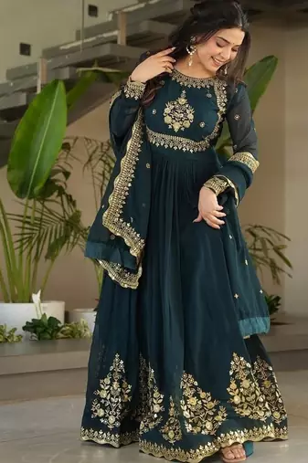 Teal zari & sequins embroidered work georgette stitched kurta & dupatta set