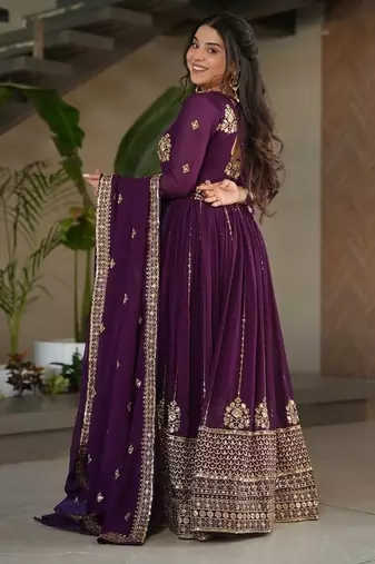 Purple zari & sequins embroidered georgette kurta & dupatta set