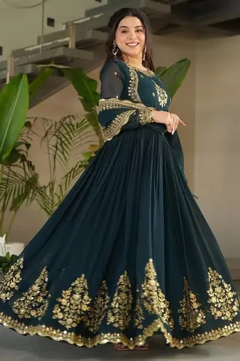 Teal zari & sequins embroidered georgette kurta & dupatta set