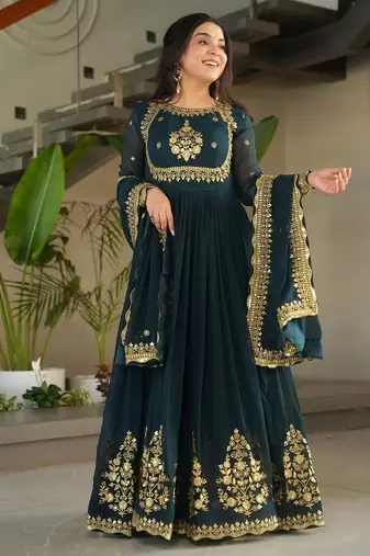 Teal zari & sequins embroidered georgette kurta & dupatta set
