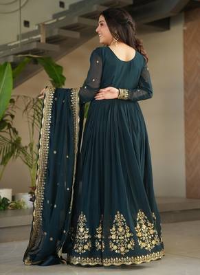 Teal zari & sequins embroidered georgette kurta & dupatta set 4