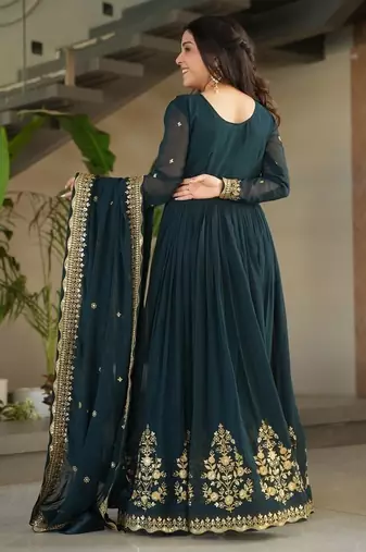 Teal zari & sequins embroidered georgette kurta & dupatta set