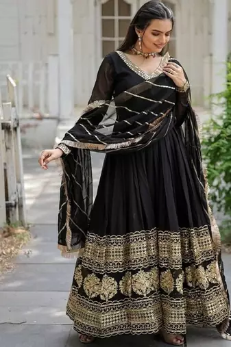 Black zari & sequins embroidered georgette kurta & dupatta set