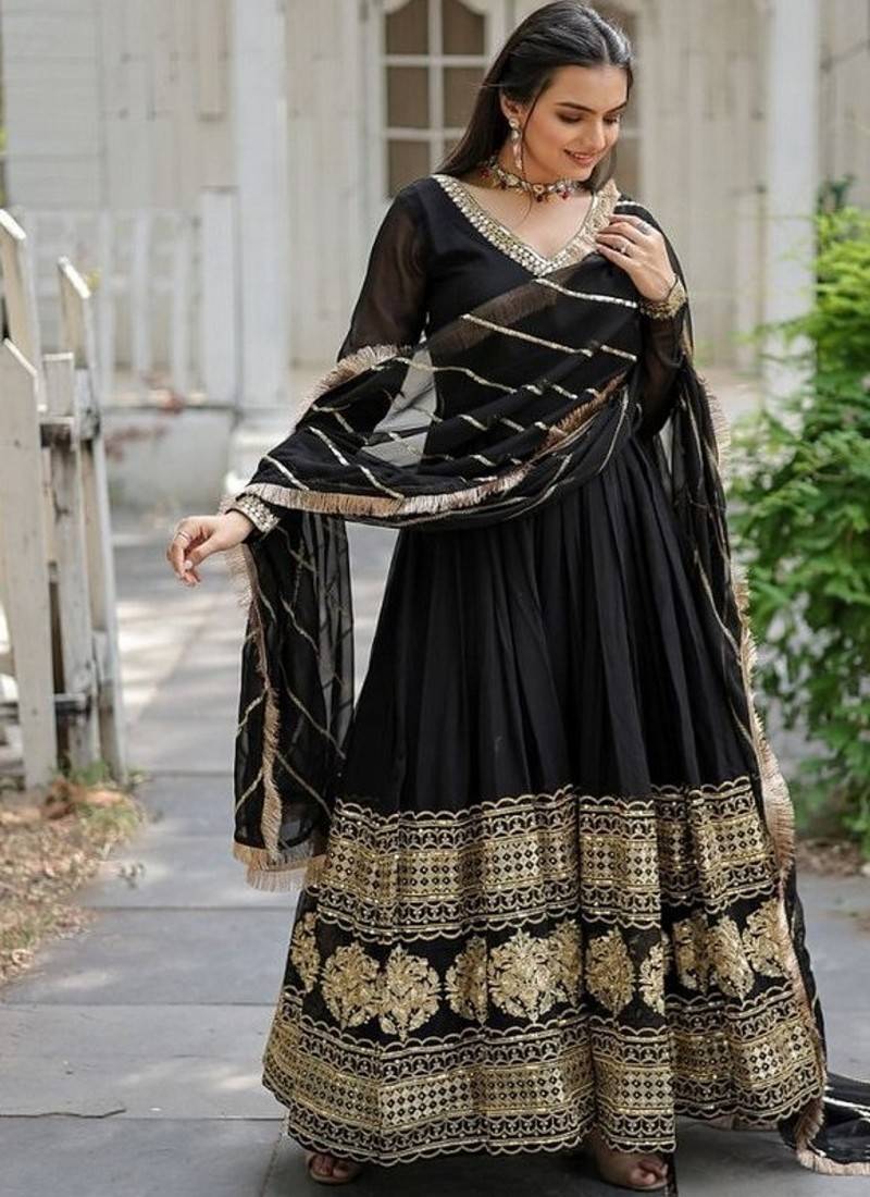 Black zari & sequins embroidered work georgette stitched kurta & dupatta set