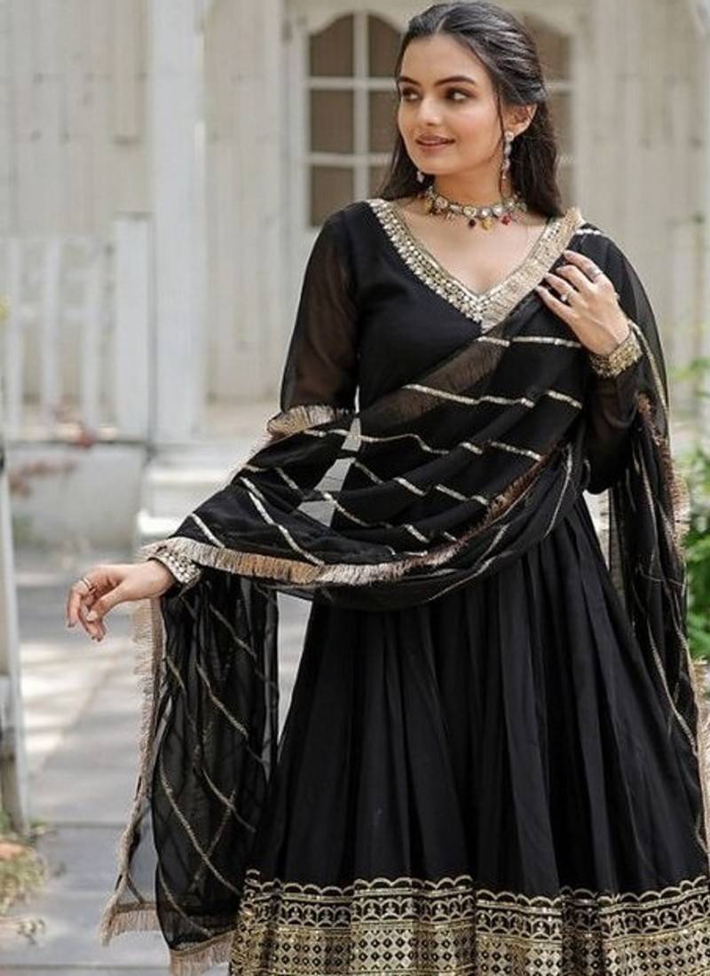 Black zari & sequins embroidered work georgette stitched kurta & dupatta set