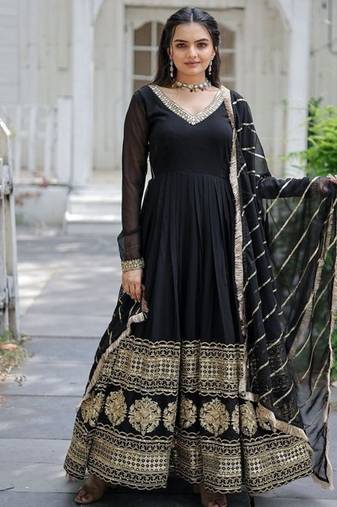 Black zari & sequins embroidered work georgette stitched kurta & dupatta set