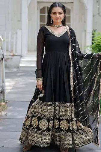 Black zari & sequins embroidered work georgette stitched kurta & dupatta set