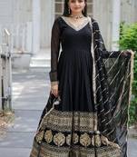 Black zari & sequins embroidered work georgette stitched kurta & dupatta set