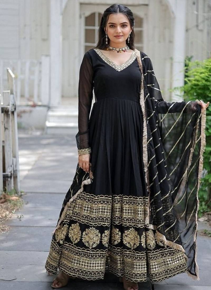 Black zari & sequins embroidered work georgette stitched kurta & dupatta set
