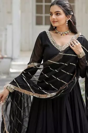 Black zari & sequins embroidered georgette kurta & dupatta set